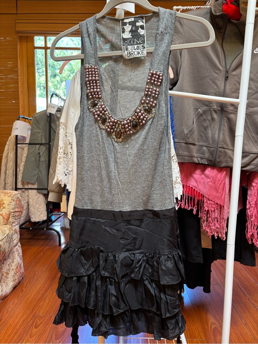 Young Fabulous & Broke Gray Tank with Black Ruffle Skirt and Beaded Neckline